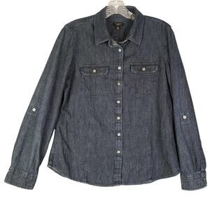 Talbots Shirt Size 12 Petite Denim Long Sleeve Button Up Pockets Chambray Cotton
